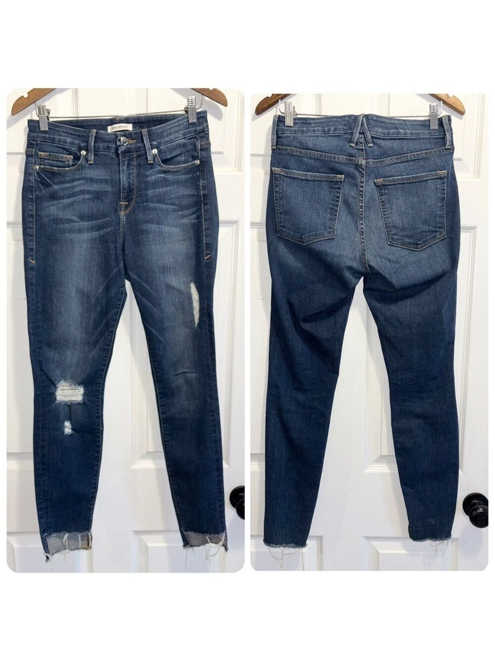 Good American Good Waist Distressed Step Hem Jeans Dark Wash Raw Hem Size 2